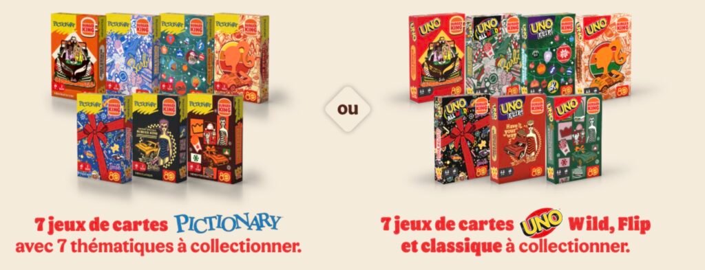 Jeux de cartes UNO et Pictionary chez Burger King dans les menus enfants