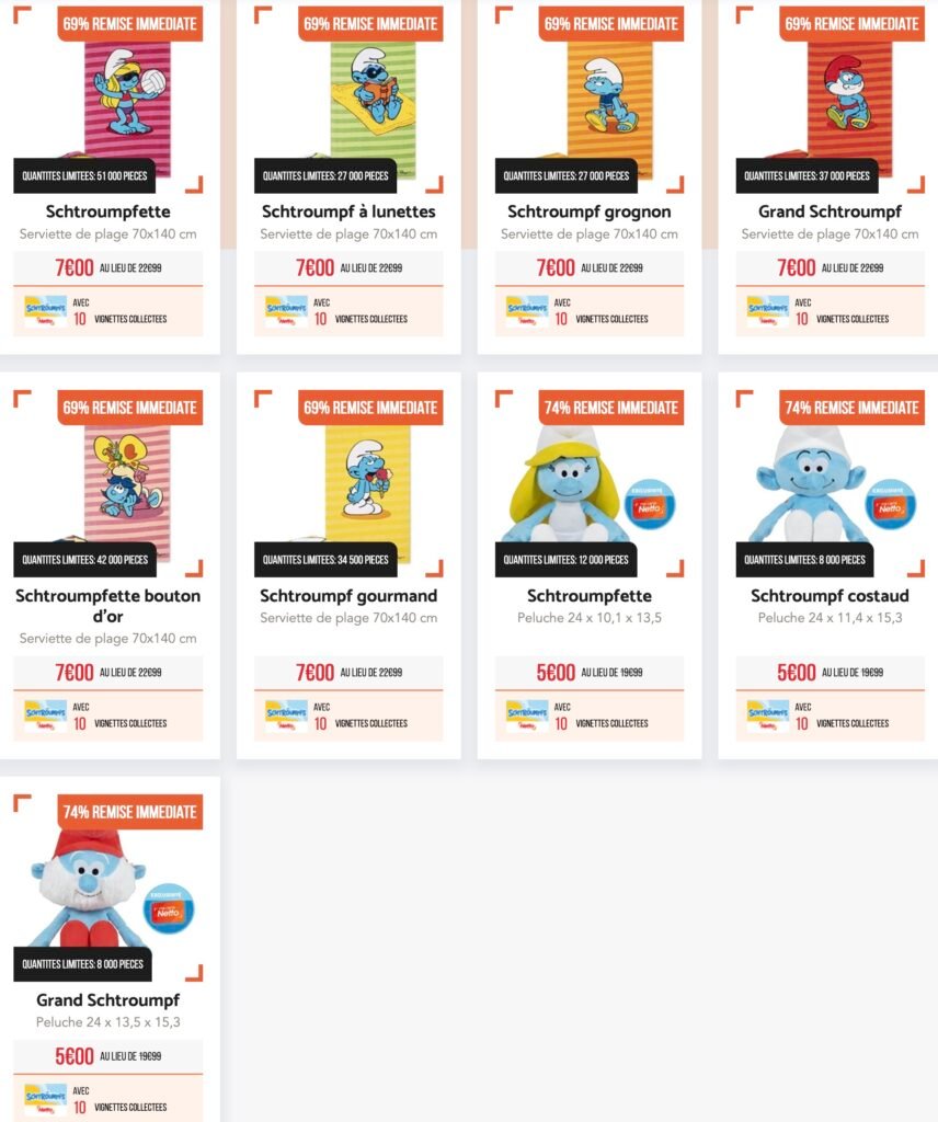 Serviettes et peluches Schtroumpfs avec les vignettes Netto