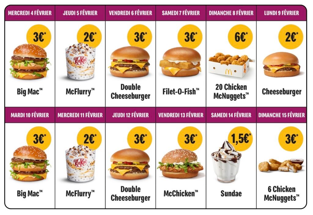 Calendrier et planning des bons plans McDo Calendrier des offres McDo 1 jour 1 bon plan du 4 au 15 février 2026