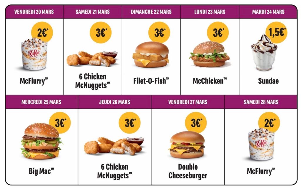 Calendrier des offres McDo 1 jour 1 bon plan pour mars 2026