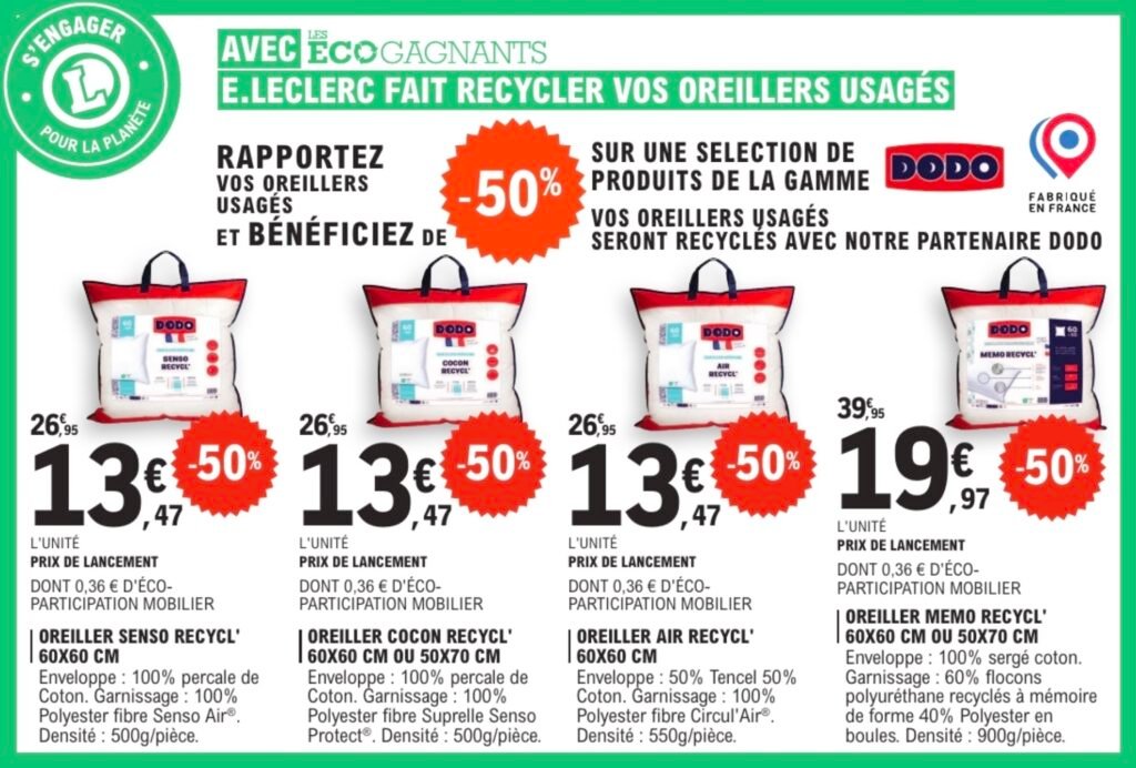 Oreillers Dodo proposés par l'opération Ecogagnant chez Leclerc