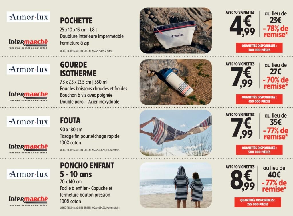 Produits Armor Lux avec vignettes Produits Armor Lux éligibles aux remises avec les vignettes Intermarché