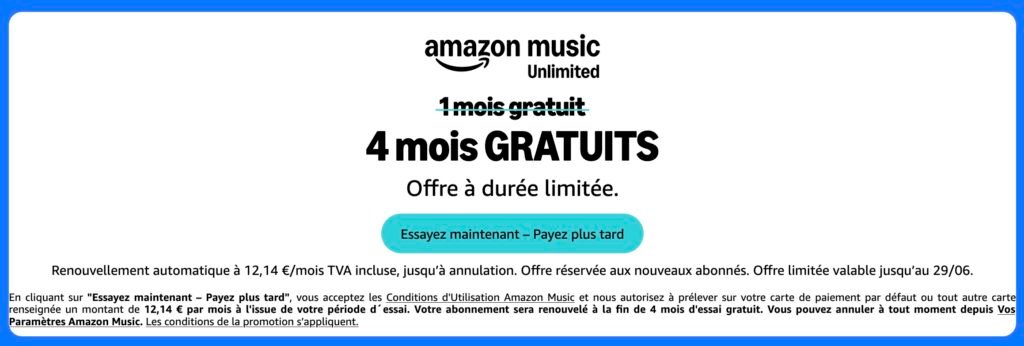 Amazon Music : 4 mois gratuits Amazon Music : 4 mois gratuits