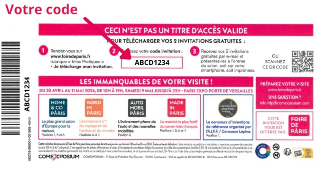 Code invitation pour télécharger deux places gratuites pour la Foire de Paris 2026