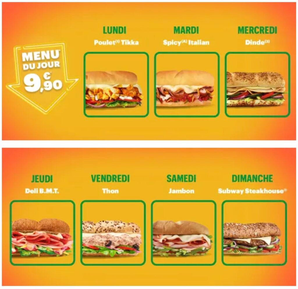 Recettes pour le menu du jour Subway