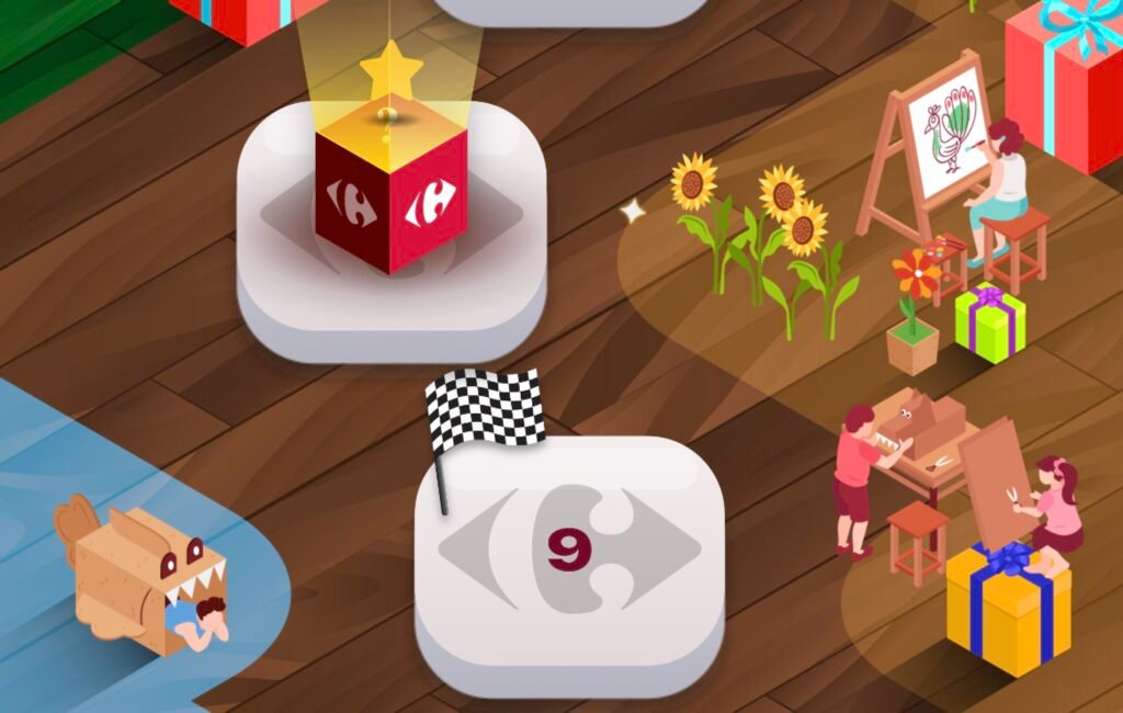 Jeu-concours Appli Carrefour : plateau avec cases drapeau et cadeau