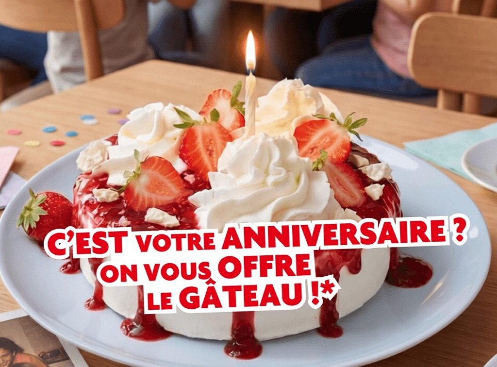 Gâteau d'anniversaire aux fruits rouges avec une bougie sur une table de restaurant Flunch